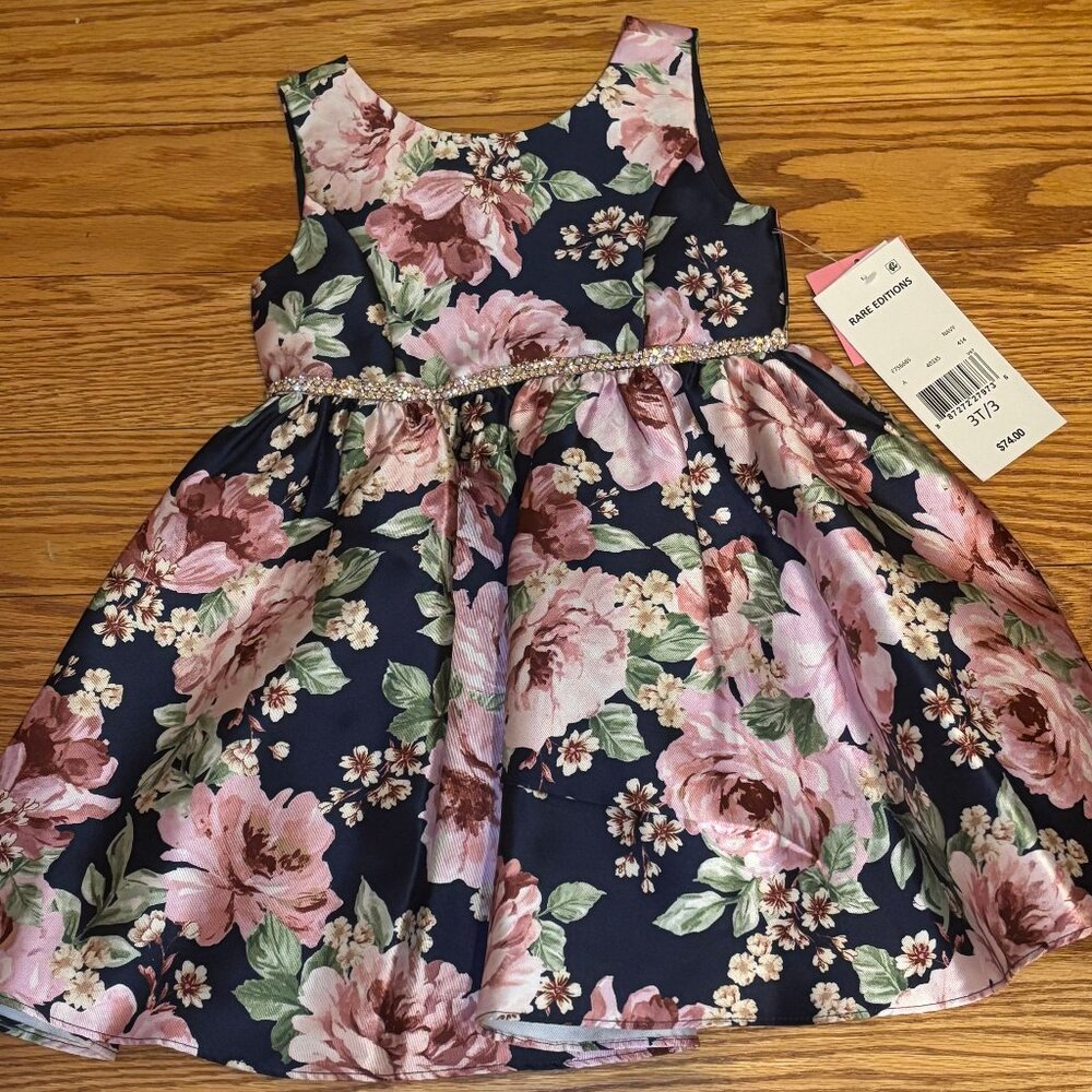 NWT Rare Editions Mikado Printed Fit and Flare Dress Navy/Pink Rhinestone Waist